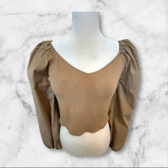Abercrombie & Fitch Tan Crop Top w/Large Sleeves   L - Picture 1 of 7